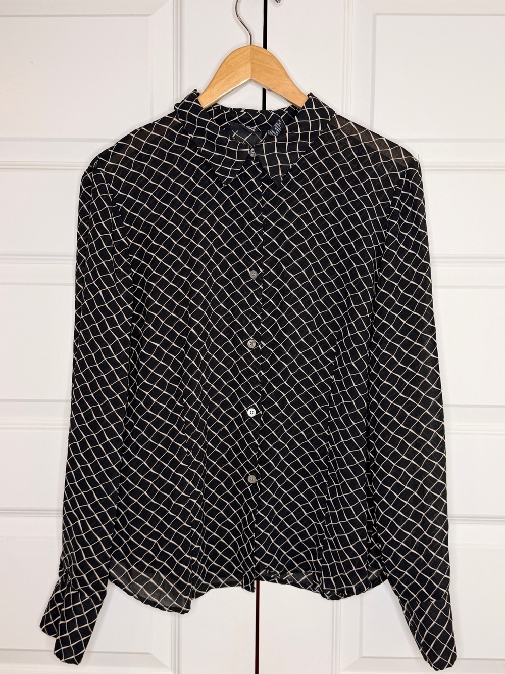 Lands' End Black Geometric Grid Button-Up Blouse
